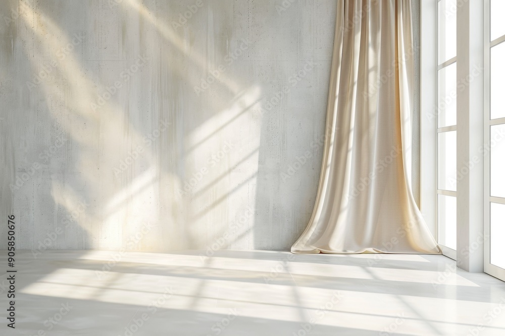 Interior of home with white concrete wall and beige curtains Interior of home with white concrete wall and beige curtains