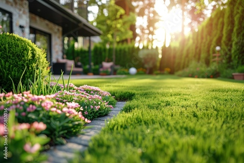 Fototapeta Naklejka Na Ścianę i Meble -  Perfect manicured lawn and flowerbed with shrubs