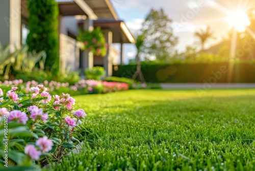 Fototapeta Naklejka Na Ścianę i Meble -  Perfect manicured lawn and flowerbed with shrubs