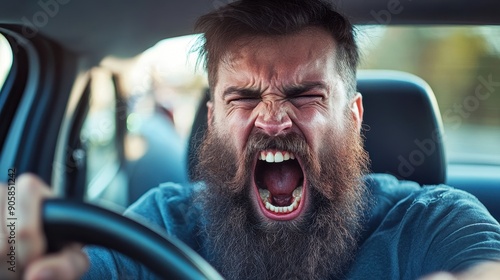 closeup shot road raging bearded driver shouting from car window