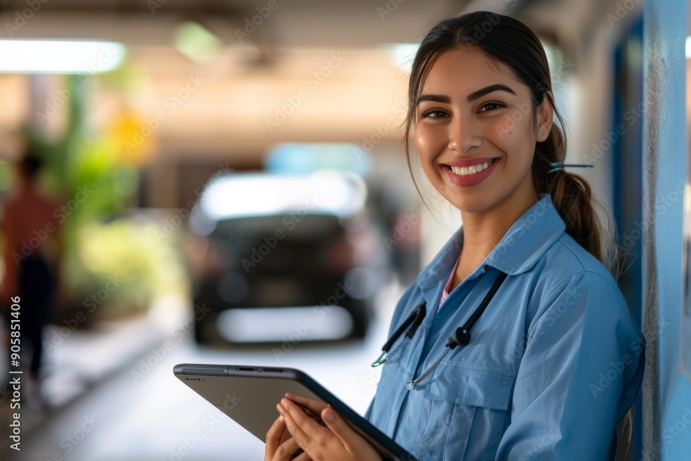 Portrait of a smiling young Hispanic female valet with tablet Portrait of a smiling young Hispanic female valet with tablet