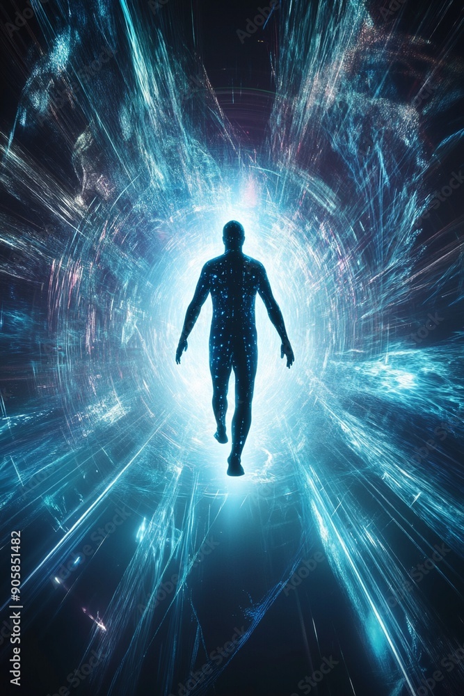 量子テレポーテーション：量子粒子に溶ける人間のシルエットとコピースペース