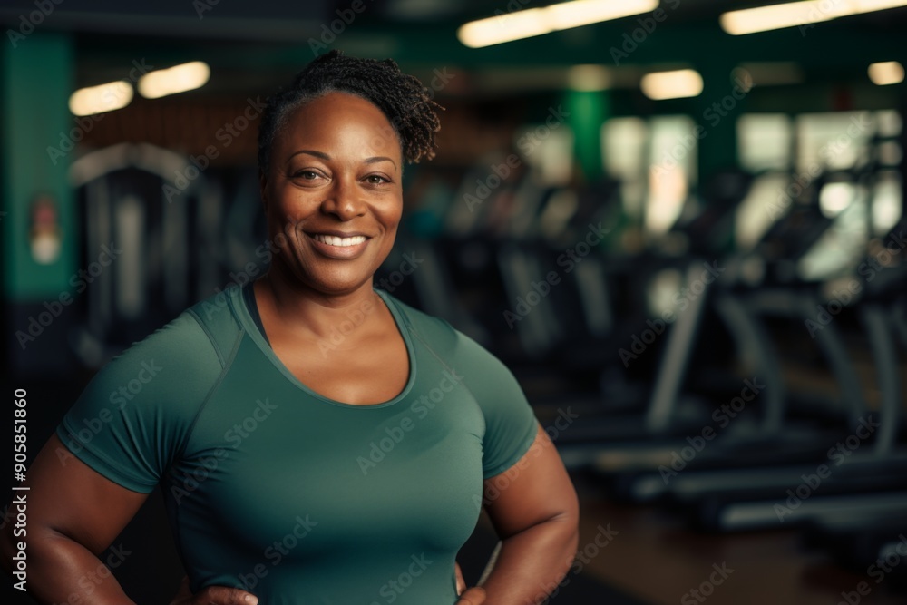 Smiling portrait of a middle aged slightly overweight woman in gym Smiling portrait of a middle aged slightly overweight woman in gym
