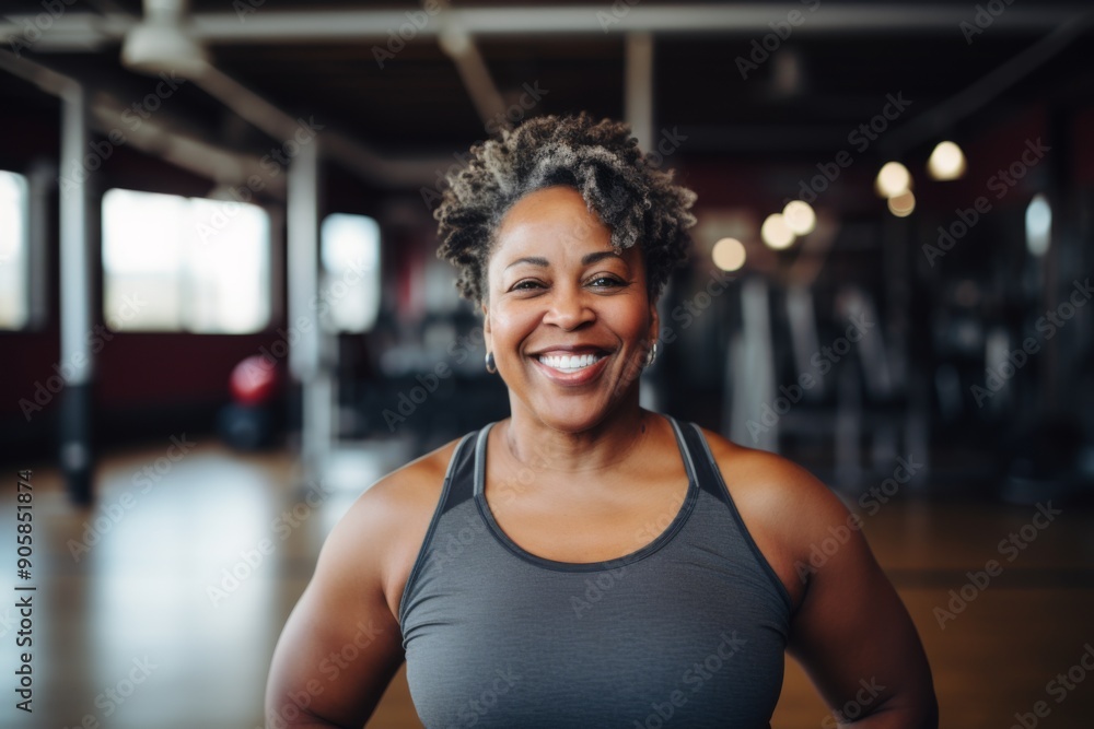 Fototapeta premium Smiling portrait of a middle aged slightly overweight woman in gym
