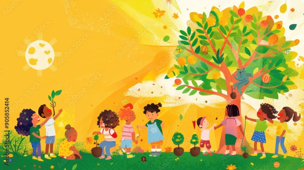 Happy children planting trees in a garden. Happy children planting trees in a garden.