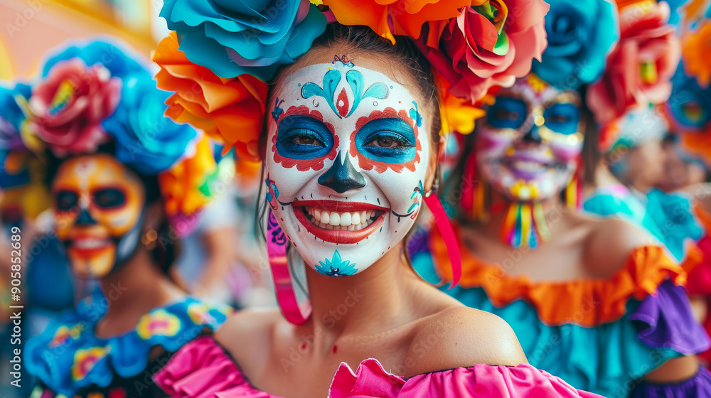 Vibrant Day of the Dead Celebration with Colorful Face Paint and Traditional Attire Vibrant Day of the Dead Celebration with Colorful Face Paint and Traditional Attire