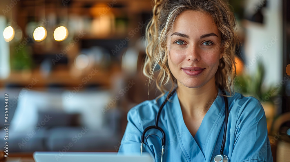 Attentive Nurse in Scrubs with Stethoscope in a Modern Medical Setting Attentive Nurse in Scrubs with Stethoscope in a Modern Medical Setting