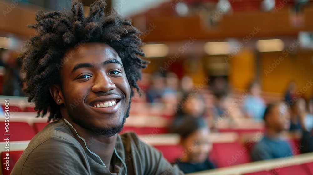 Smiling young african american student in a university lecture hall surrounded by academic ambiance Smiling young african american student in a university lecture hall surrounded by academic ambiance