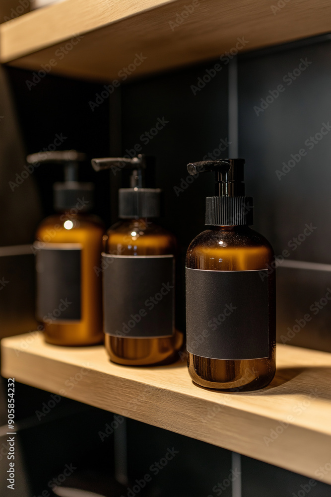 Image of hair and body wash products with a black blank label on them, dispenser on a shelf in a shower room Image of hair and body wash products with a black blank label on them, dispenser on a shelf in a shower room