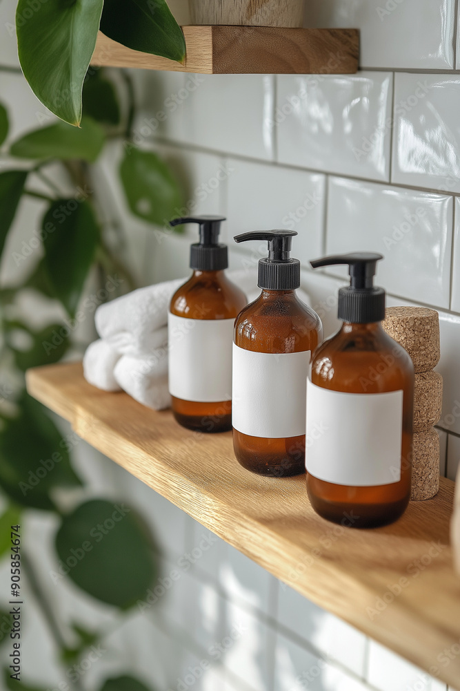 Image of hair and body wash products with a white blank label on them, dispenser on a shelf in a shower room Image of hair and body wash products with a white blank label on them, dispenser on a shelf in a shower room