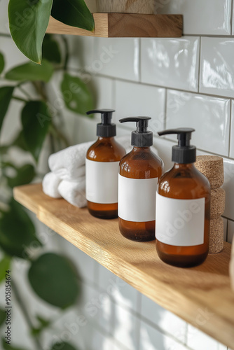 Image of hair and body wash products with a white blank label on them, dispenser on a shelf in a shower room