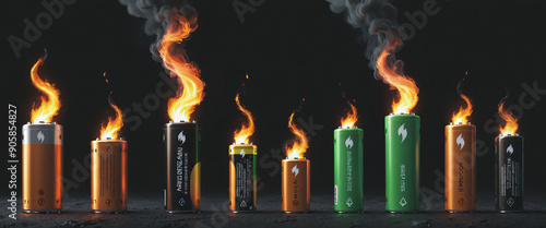 illustration of various everyday batteries that can heat up and catch fire due to a short circuit, overcharging or an internal defect