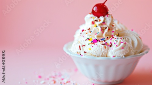 Ice cream sundae with sprinkles and a cherry.