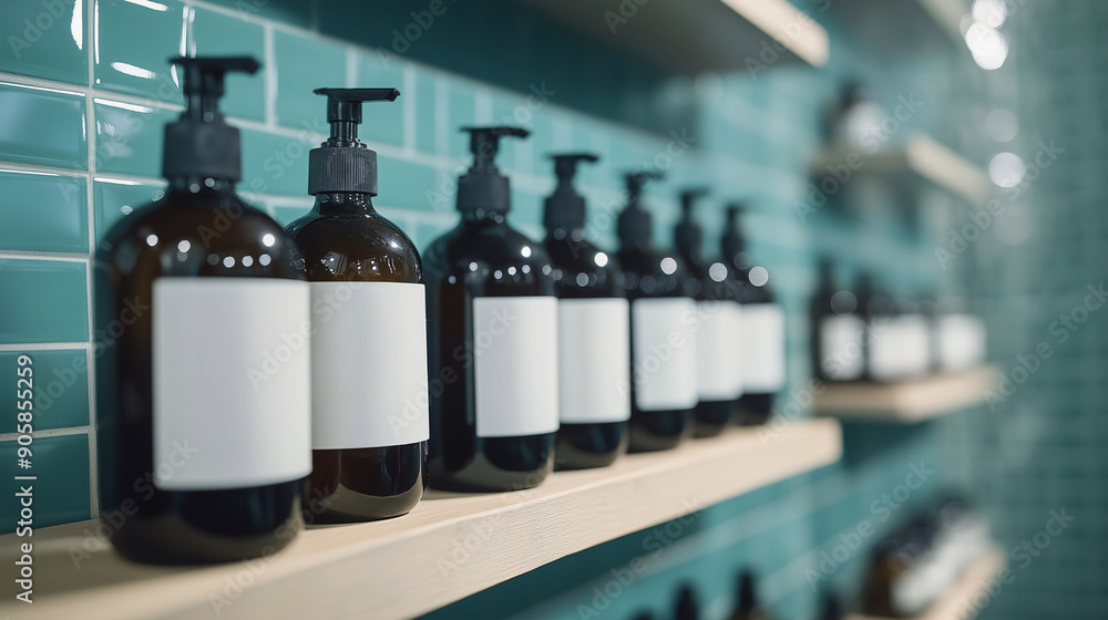 Image of hair and body wash products with a white blank label on them, dispenser on a shelf in a shower room Image of hair and body wash products with a white blank label on them, dispenser on a shelf in a shower room
