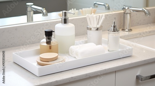 White Tray of Bathroom Amenities on a Countertop photo