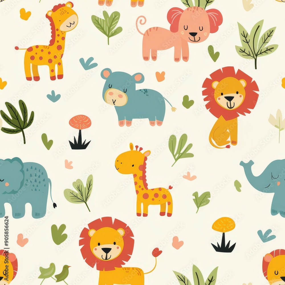 Obraz premium Seamless pattern of cute cartoon safari animals including lions, giraffes, elephants, and hippos with tropical leaves on a cream background.
