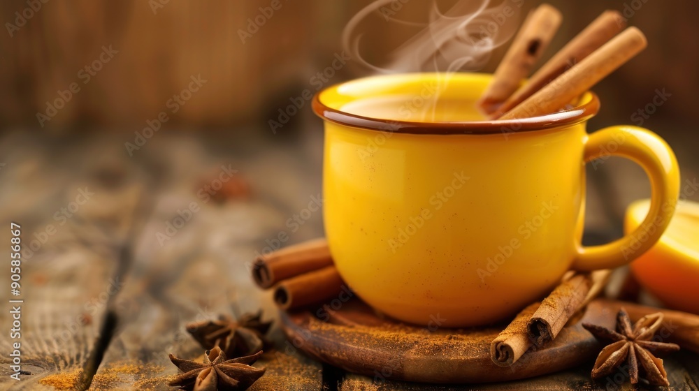 Warm spiced beverage in yellow mug on wooden surface. Warm spiced beverage in yellow mug on wooden surface.