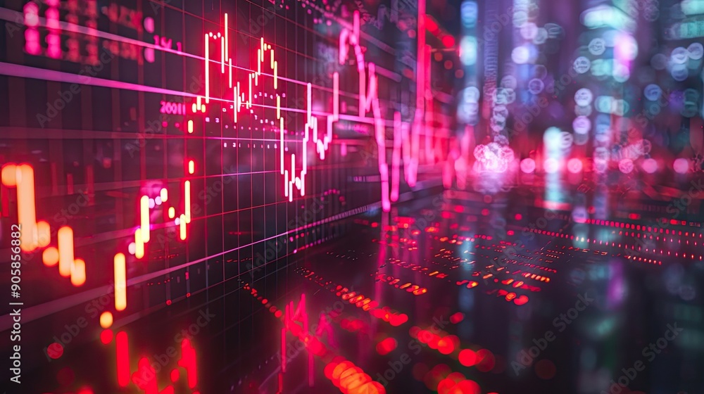 Fototapeta premium A red and black graph with a red line that is going down. The graph is on a screen in a city