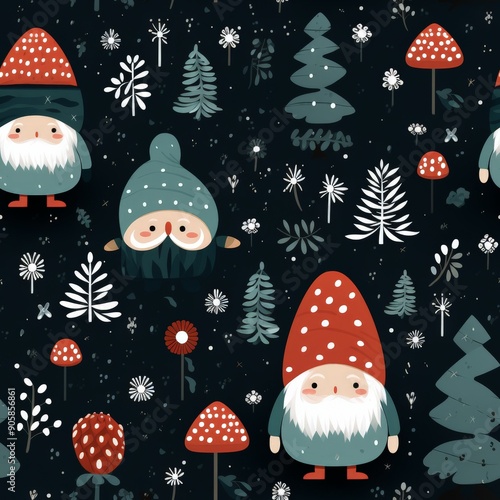 Cute gnomes and mushrooms in a whimsical forest photo