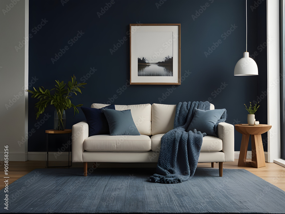 Modern Living Room with White Sofa, Throw Blanket, and Blue Wall Modern Living Room with White Sofa, Throw Blanket, and Blue Wall
