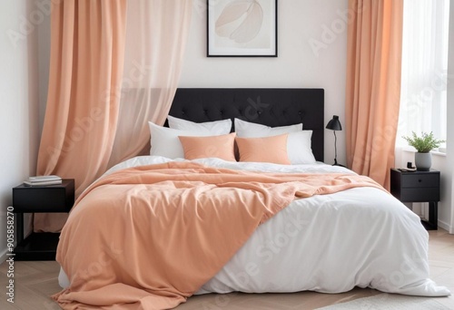 bedroom with a peach cosy bed and black nightstand with white walls and curtain