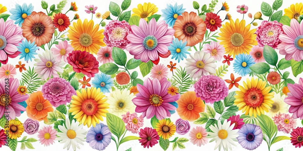 Seamless pattern featuring colorful flowers on a white background, floral, bloom, garden, decorative, repetitive Seamless pattern featuring colorful flowers on a white background, floral, bloom, garden, decorative, repetitive