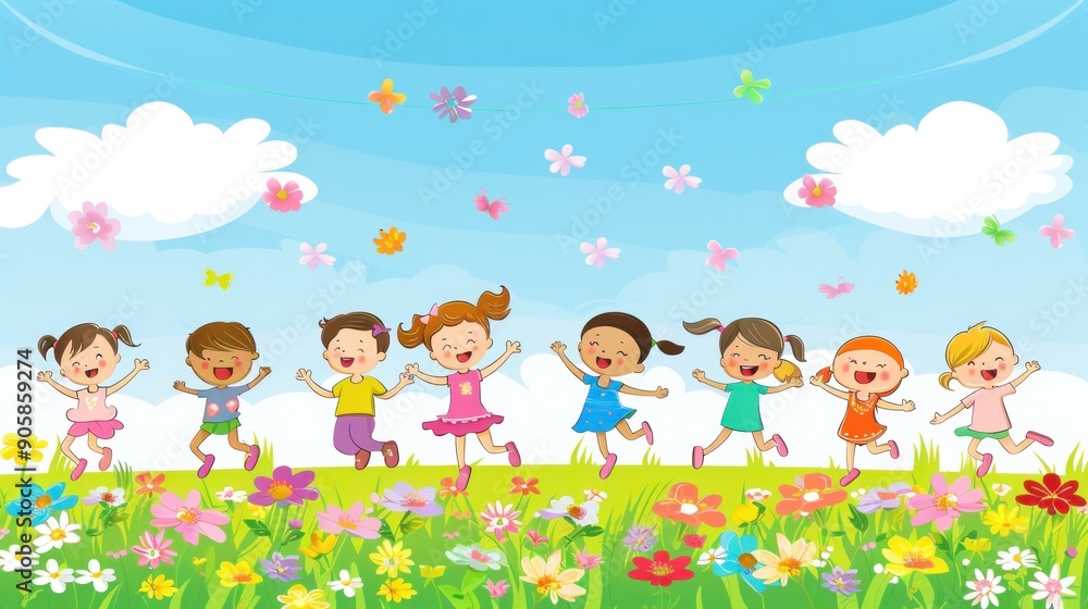 Happy Children Jumping in a Field of Flowers. Happy Children Jumping in a Field of Flowers.