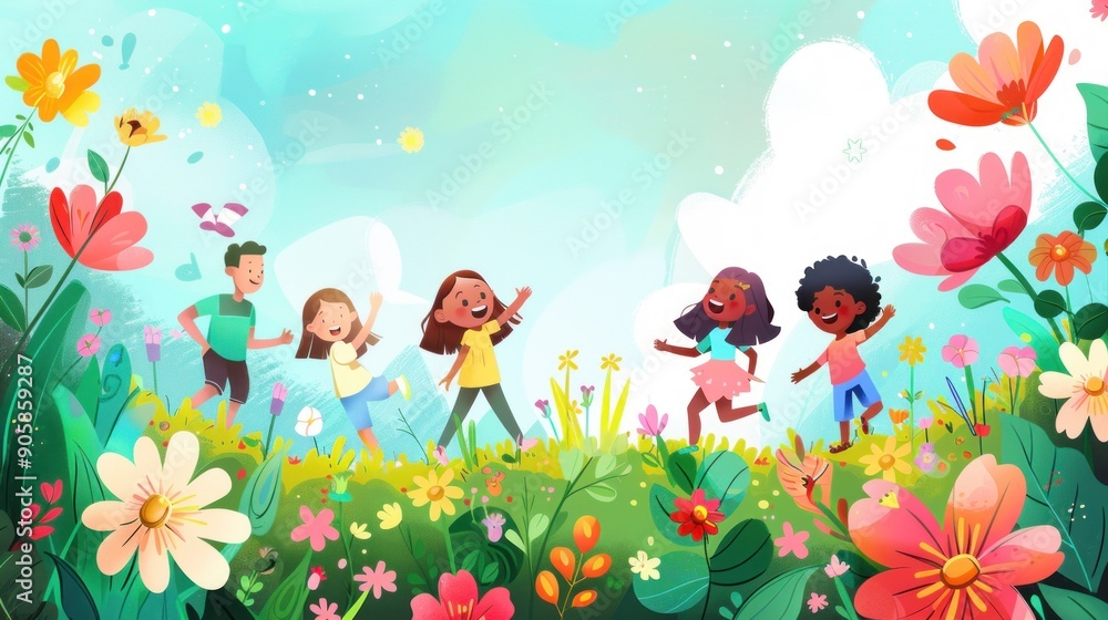 Fototapeta premium Happy children playing in a field of flowers.