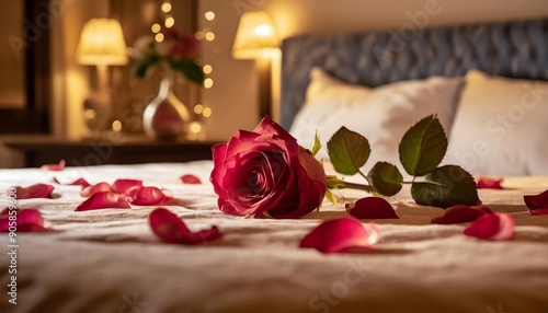 Rose on the bed in the hotel rooms. Rose and her petals on the bed for a romantic evening.	
 #905859600