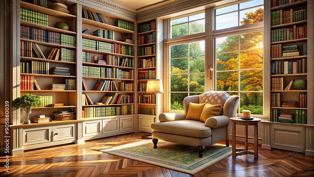 Cozy reading nook in vibrant home library with bookshelf, armchair, and natural light, cozy, reading nook Cozy reading nook in vibrant home library with bookshelf, armchair, and natural light, cozy, reading nook