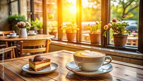 Wallpaper Mural Cozy coffee shop with cappuccino and cake on table, warm sunlight filtering through window , coffee, shop, cappuccino Torontodigital.ca