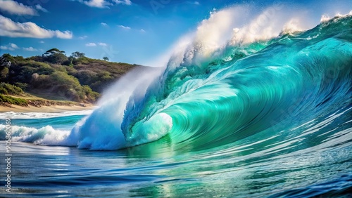 Fototapeta Naklejka Na Ścianę i Meble -  Ocean sea wave with turquoise blue water crashing on shore, ocean, sea, wave, water, blue, nature, aqua, beach, coast, motion