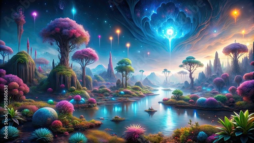 Bioluminescent flora and mysterious landscapes of a distant world, perfect for an ultrawide wallpaper , bioluminescent