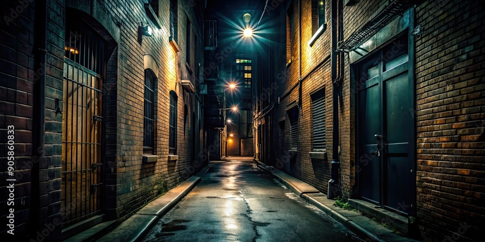 Fototapeta premium Dark alleyway with ominous shadows and a feeling of impending danger, Shadow, darkness, tension, eerie, mysterious, spooky, alleyway