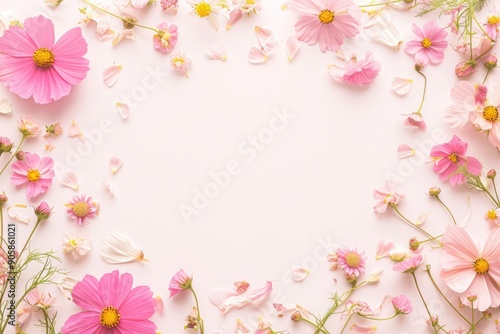 Blank paper mock up with a mix of flowers scattered around the edges, creating a lively and colorful border with generous copy space.