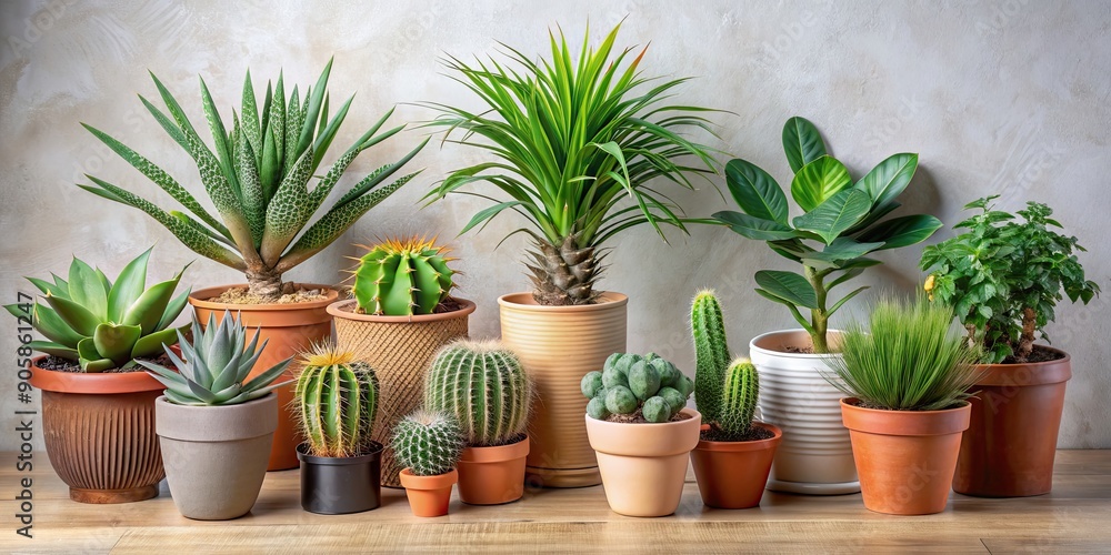 Fototapeta premium Various decorative plants in potted palms, palm trees, cacti, succulents, and aloe vera, potted plants, decorative