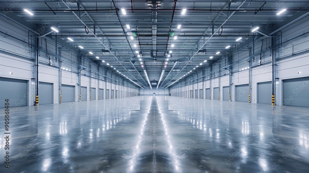 An empty, clean smart warehouse with polished floors and bright, clear lighting. The space is organized and well-lit, highlighting its modern design.