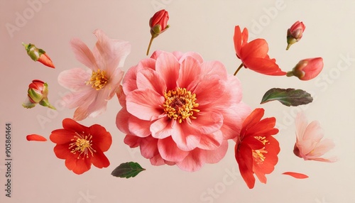 Red spring flowers flying on a transparent background. Beautiful pastel pink flower arrangement. Summer aesthetic concept.