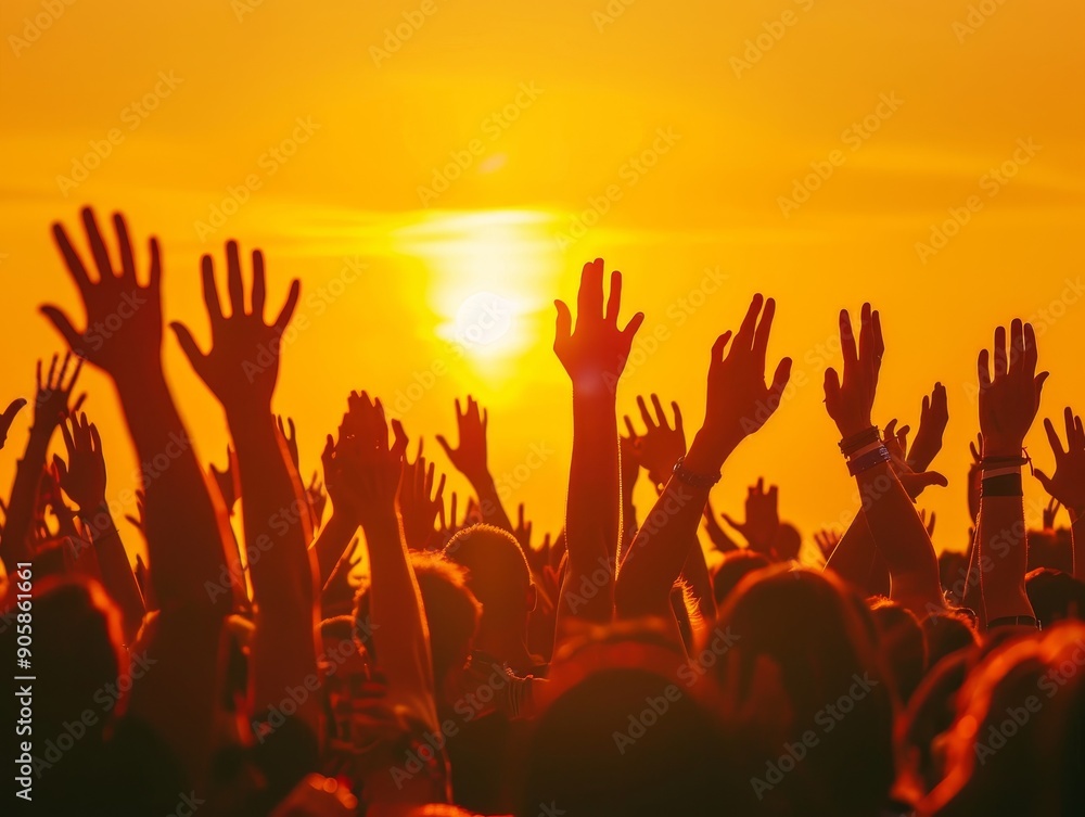 Youth culture vibes silhouetted crowd with raised hands at summer sunset music event Youth culture vibes silhouetted crowd with raised hands at summer sunset music event