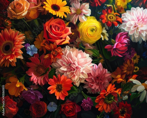 Vivid floral arrangement a vibrant assortment of colorful flowers resembling an oil painting