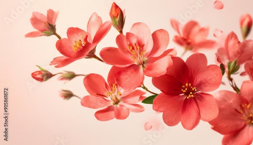 Red spring flowers flying on a transparent background. Beautiful pastel pink flower arrangement. Summer aesthetic concept.