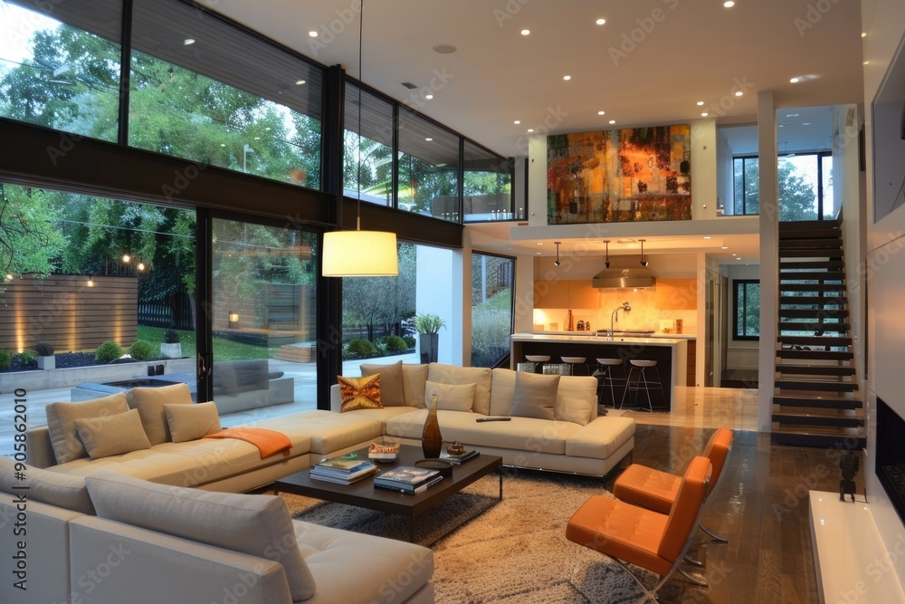 Fototapeta premium Cozy modern living room with contemporary design and warm lighting