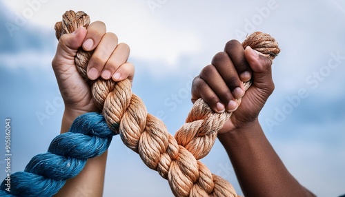 Team rope diverse strength connect partnership together teamwork unity communicate support. Strong diverse network rope team concept integrate braid color background cooperation empower power.
