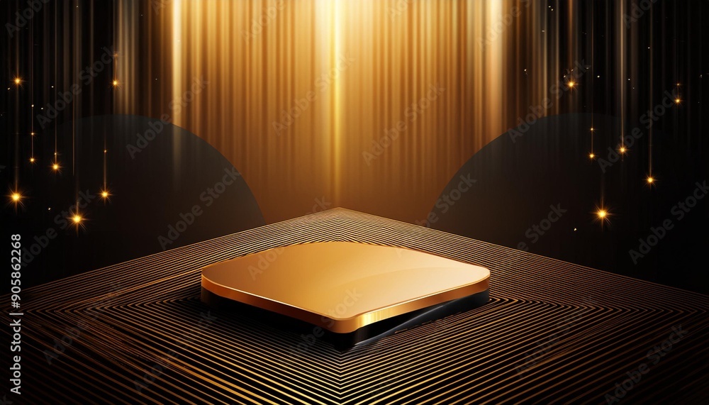 Gold black podium background 3D golden product line stage dark platform ...