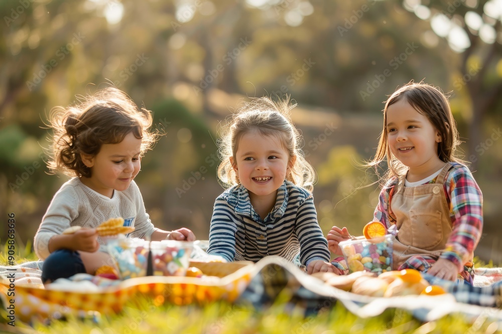 Diverse children picnic in nature for family brand promotion photography in outdoor setting Diverse children picnic in nature for family brand promotion photography in outdoor setting