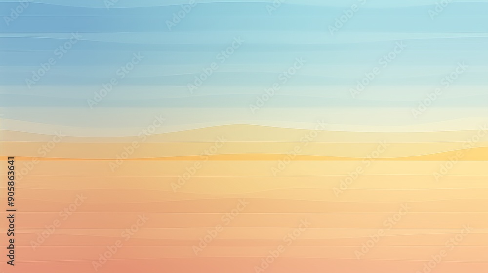 Fototapeta premium Abstract minimalist background with soft horizontal gradient bands in pastel blue, yellow, and peach colors representing a serene sunset horizon.