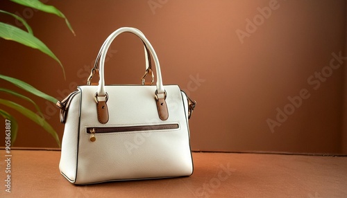 Beautiful trendy smooth youth women's handbag in brown color on a studio background. 