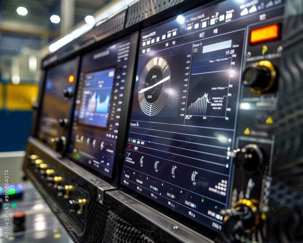Advanced cnc machine control panel with multiple digital screens displaying data and graphs Advanced cnc machine control panel with multiple digital screens displaying data and graphs