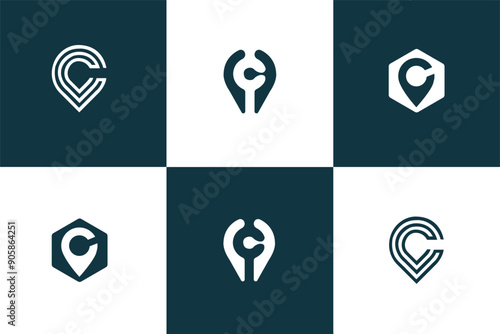 Global Positioning System icon template. Navigation mark. Spot sign vector, Set of eight minimalistic trendy shapes.