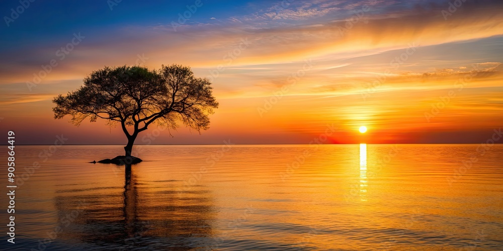 Sunset over calm sea with silhouette of tree, sunset, sea, tree, tranquil, nature, dusk, orange, horizon, reflection, serene Sunset over calm sea with silhouette of tree, sunset, sea, tree, tranquil, nature, dusk, orange, horizon, reflection, serene